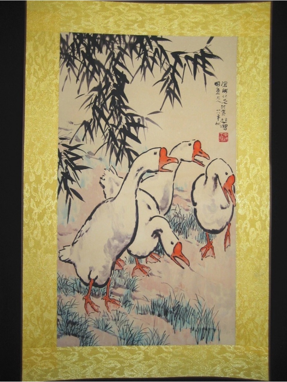 Vintage-Style Asian Goose Scroll Painting in White and Orange